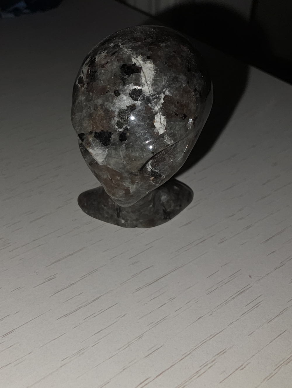 Polished Gray and Black Stone Alien Head Accent Sculpture